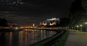 Salzburg along Salzach River at night. Photo by Patrick Hickey