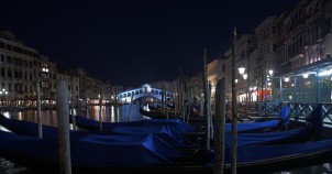 Gondolas with Rialto Bridge in the background. Photo by Patrick Hickey